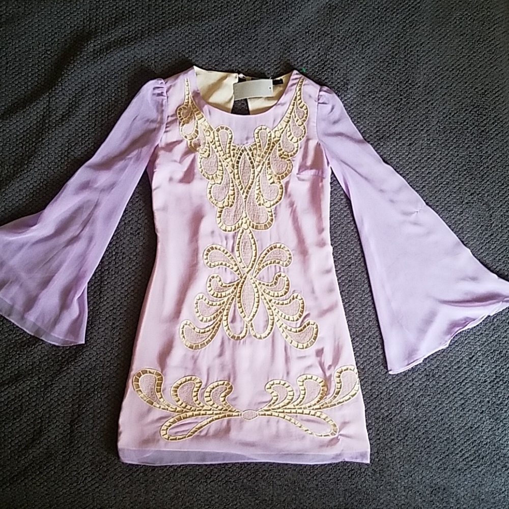 Lavender embroidered chiffon flutter sleeve dress